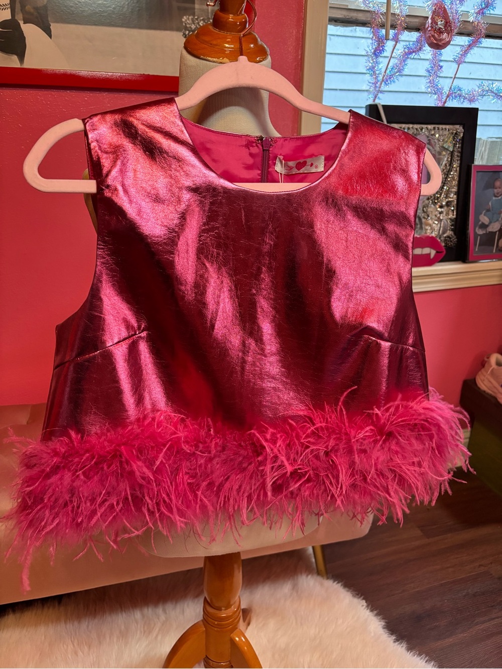 Buddy Love Metallic Hot Pink Feather-Trim Top